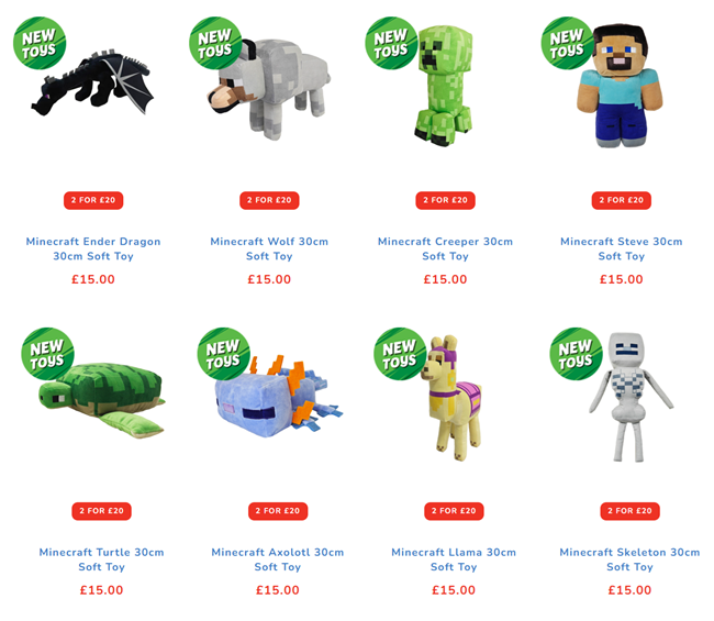 Screenshot showing Minecraft Soft Toys 2 for £20 offer at The Entertainer