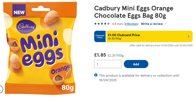 Screenshot showing Cadbury Mini Eggs Orange Chocolate Eggs Bag 80g for £1 at Tesco