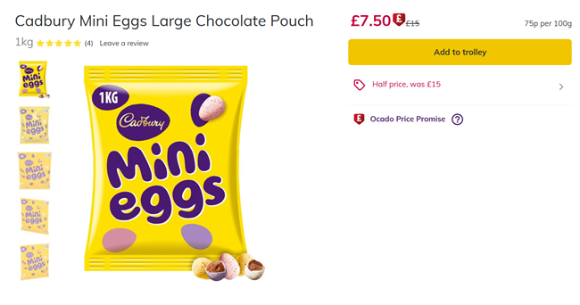 Screenshot showing 1kg Cadbury Mini Eggs for £7.50 at Ocado