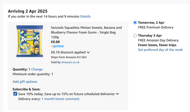 Screenshot showing Swizzels Squashies Minions Sweets Banana & Blueberry Flavour 120g for 88p at Amazon