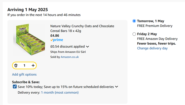 Screenshot showing Nature Valley Crunchy Oats and Chocolate Cereal Bars 18 x 42g for £4.86 at Amazon