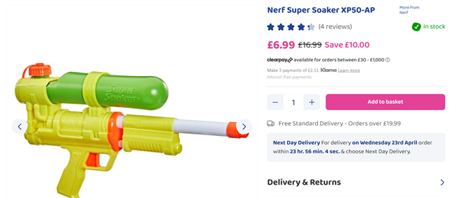 Screenshot showing Nerf Super Soaker XP50-AP for £6.99 at Bargain Max