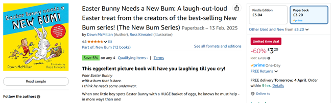 Screenshot showing Easter Bunny Needs a New Bum Book for £3.20 at Amazon