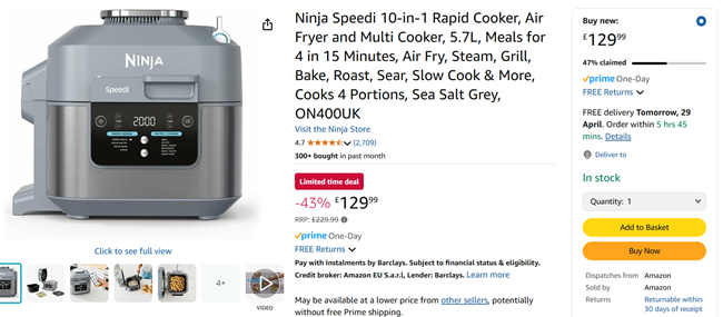 Screenshot showing Ninja Speedi 10-in-1 Rapid Cooker, Air Fryer & Multi Cooker for £129.99 at Amazon
