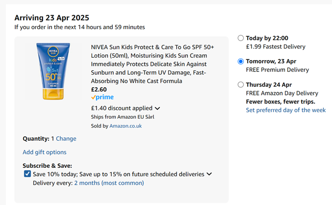 Screenshot showing Nivea Sun Kids Protect & Care To Go SPF 50+ Lotion (50ml) for £2.60 at Amazon