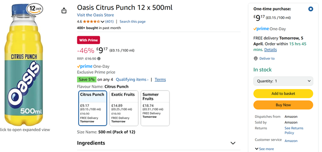 Screenshot showing Oasis Citrus Punch 12 x 500ml for £9.17 at Amazon