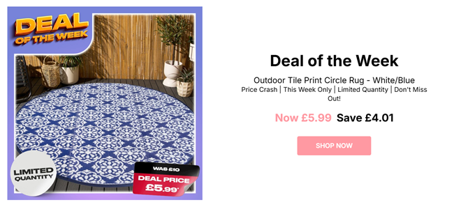 Screenshot showing OHS Outdoor Circle Tile Print Rug 170cm for £5.99 at Online Home Shop
