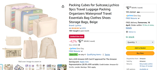 Screenshot showing 9 Piece Packing Cubes & Bags Set for £6.20 at Amazon