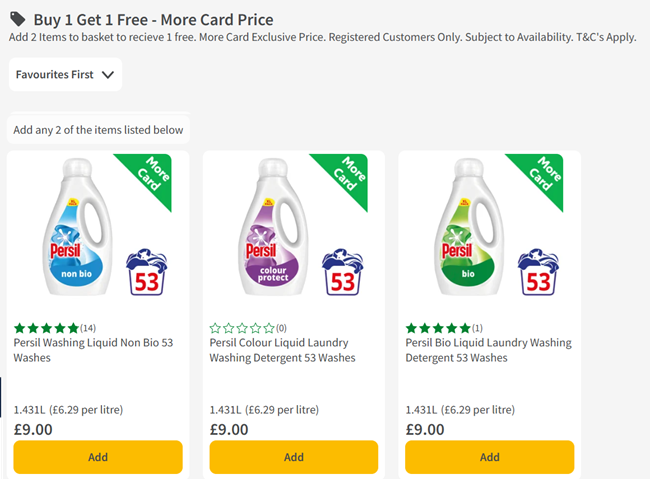 Screenshot showing Buy One Get One Free Persil Liquid Laundry Washing Detergent 53 Wash with More Card at Morrisons