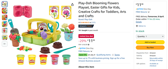 Screenshot showing Play-Doh Blooming Flowers Playset for £11.99 at Amazon
