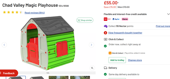 Screenshot showing Chad Valley Magic Playhouse for £55 at Argos