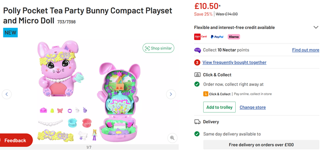 Screenshot showing Polly Pocket Tea Party Bunny Compact Playset and Micro Doll for £10.50 at Argos