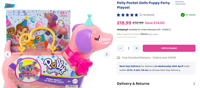 Screenshot showing Polly Pocket Dolls Puppy Party Playset for £18.99 at Bargain Max