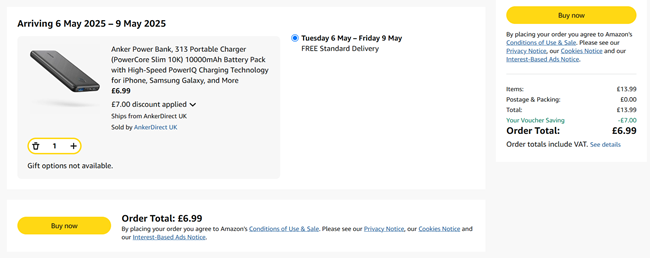 Screenshot showing Anker Power Bank 313 Portable Charger for £6.99 at Amazon / AnkerDirect UK