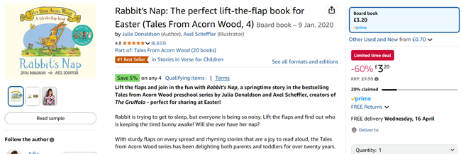 Screenshot showing Rabbit's Nap Lift-The-Flap-Book for £3.20 at Amazon