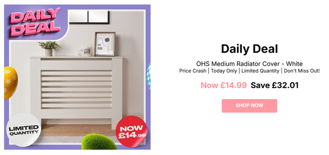Screenshot showing Medium Radiator Cover White for £14.99 at Online Home Shop