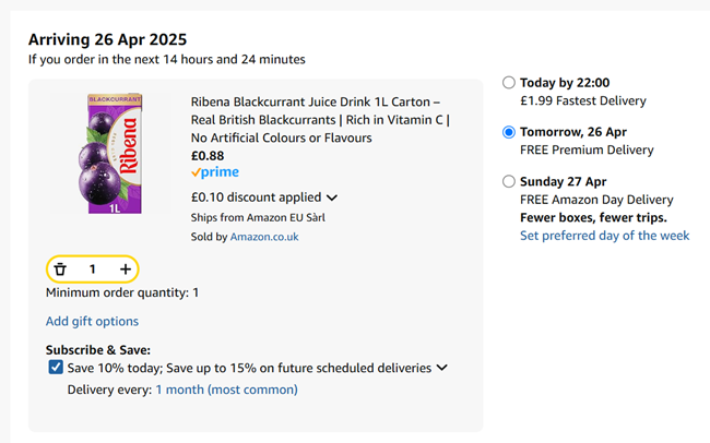 Screenshot showing Ribena Blackcurrant Juice Drink 1L Carton for 88p at Amazon
