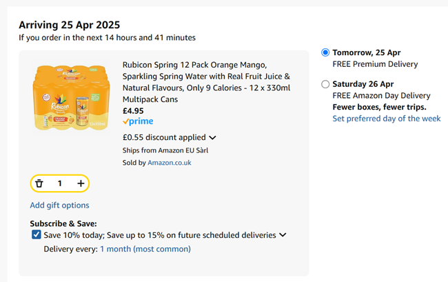 Screenshot showing Rubicon Spring 12 Pack Orange Mango or Black Cherry Raspberry for £4.95 at Amazon
