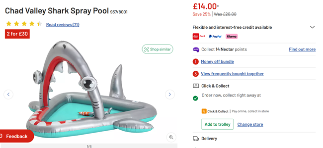 Screenshot showing Chad Valley Shark Spray Pool for £14 at Argos
