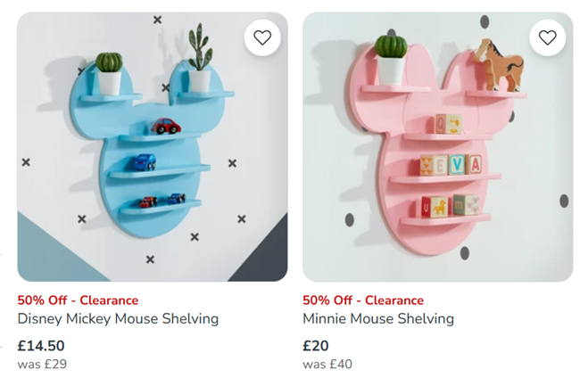 Screenshot showing 1/2 Price Disney Mickey or Minnie Mouse Shelving at Dunelm 