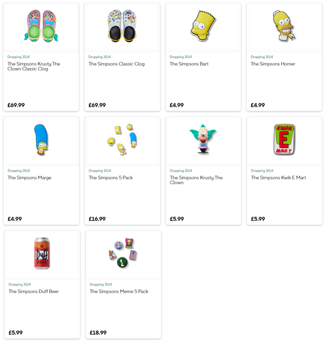 Screenshot showing The Simpsons x Crocs collection at Crocs