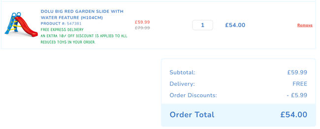Screenshot showing Dolu 104cm Big Garden Slide with Water Feature for £54 with code at The Entertainer