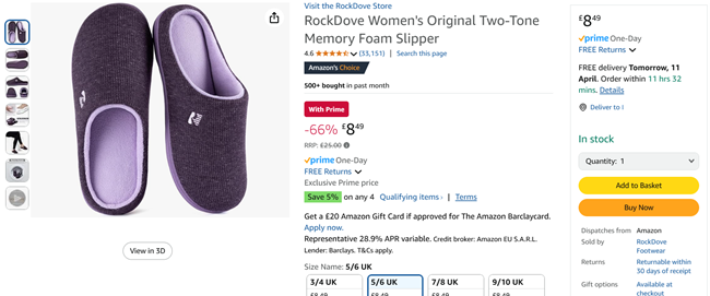 Screenshot showing RockDove Women's Original Two-Tone Memory Foam Slipper for £8.49 at Amazon / RockDove Footwear