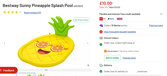Screenshot showing Bestway Sunny Pineapple Splash Pool for £10 at Argos