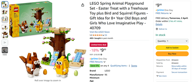 Screenshot showing LEGO Spring Animal Playground Set for £9 at Amazon