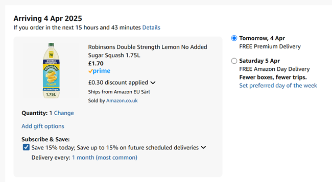 Screenshot showing Robinsons Double Strength No Added Sugar Squash 1.75L for £1.70 at Amazon
