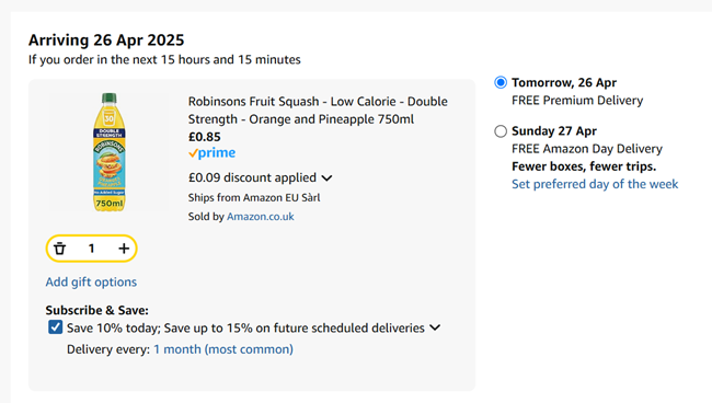 Screenshot showing Robinsons Fruit Squash Double Strength 750ml for 85p at Amazon