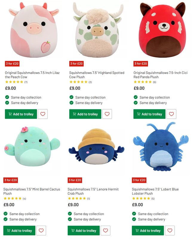 Screenshot showing 3 for £20 on selected Squishmallows offer at Argos