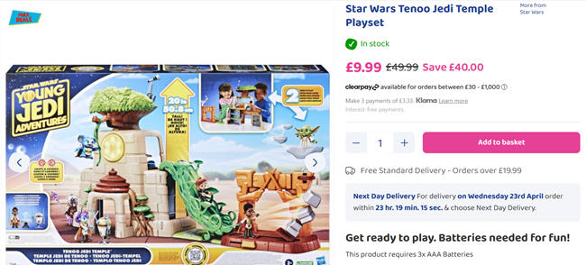 Screenshot showing Star Wars Tenoo Jedi Temple Playset for £9.99 at Bargain Max