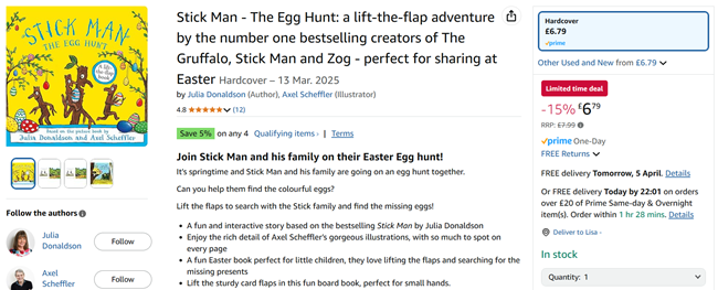 Screenshot showing Stick Man The Egg Hunt Lift-The-Flap Book for £6.79 at Amazon