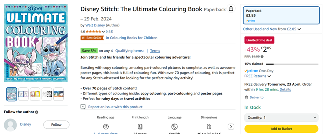 Screenshot showing Disney Stitch: The Ultimate Colouring Book for £2.85 at Amazon