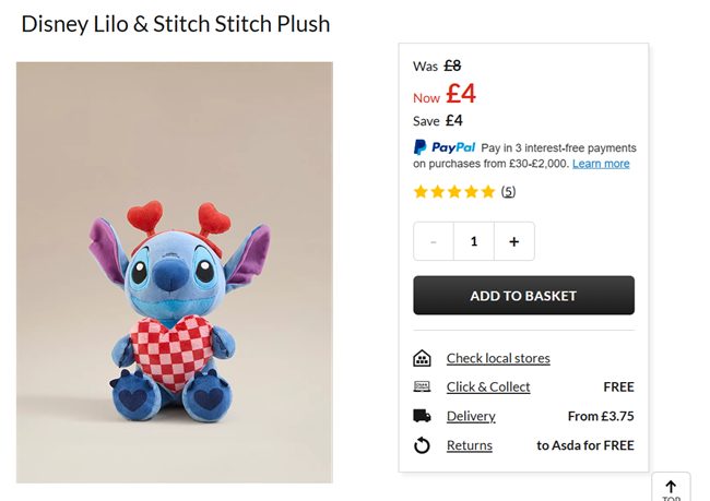 Screenshot showing Disney Lilo & Stitch Stitch Plush for £4 at Asda George