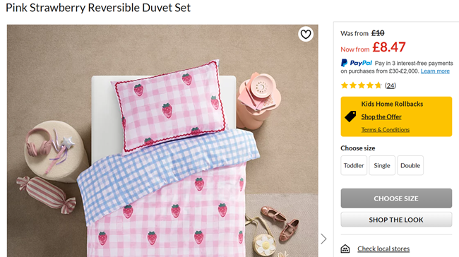 Screenshot showing Pink Strawberry Reversible Duvet Set from £8.47 at Asda George
