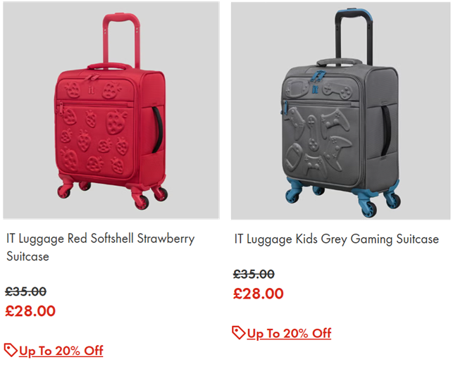 Screenshot showing IT Luggage Kids Red Softshell Strawberry or Grey Gaming Suitcase for £28 at Matalan