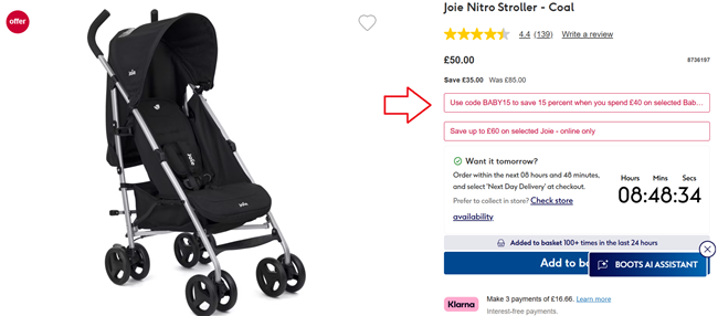 Screenshot showing Joie Nitro Stroller Coal at Boots