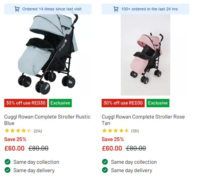 Screenshot showing Cuggl Rowan Complete Stroller Rustic Blue or Rose Tan at Argos