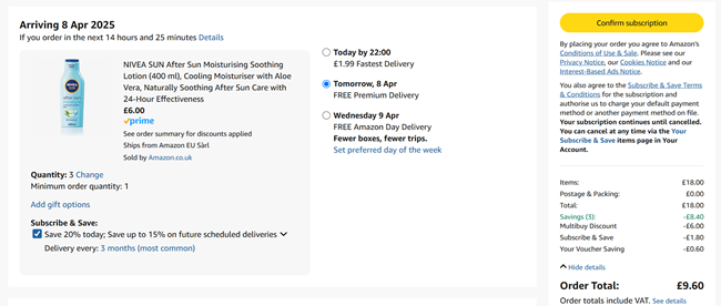 Screenshot showing Nivea After Sun 3 for £9.60 at Amazon