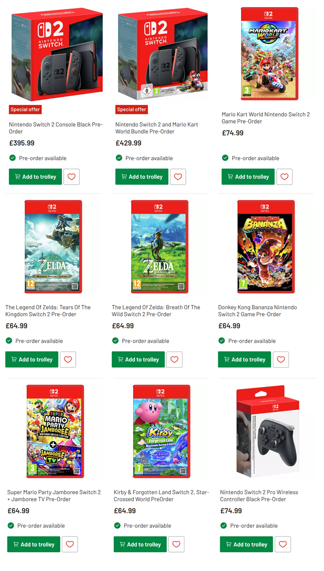 Screenshot showing Nintendo Switch 2 Pre-Orders at Argos