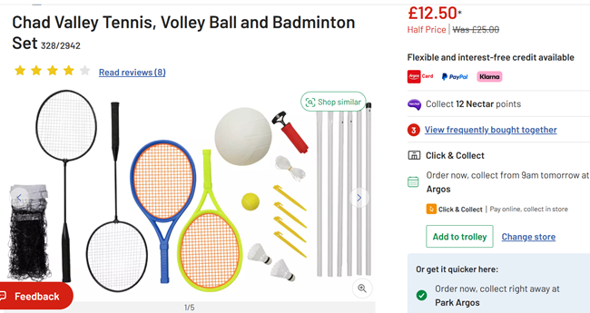 Screenshot showing Chad Valley Tennis, Volley Ball and Badminton Set for £12.50 at Argos