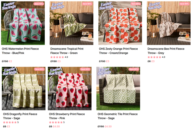Screenshot showing Garden Fleece Throws from £2 at Online Home Shop