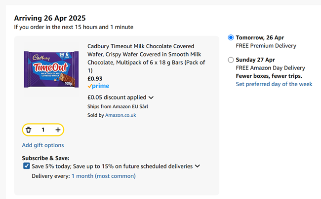Screenshot showing Cadbury Timeout Milk Chocolate Covered Wafer Multipack of 6 x 18 g Bars for 93p at Amazon