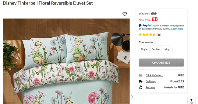 Screenshot showing Disney Tinkerbell Floral Reversible Duvet Set from £8 at Asda George