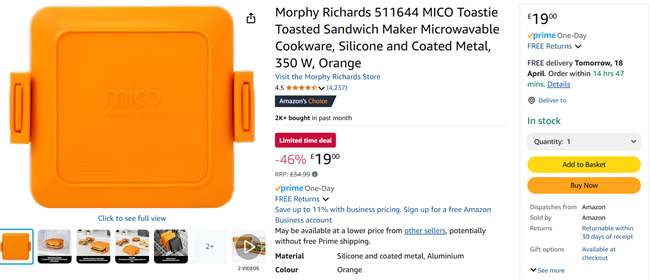 Screenshot showing Morphy Richards Mico Microwave Toastie Sandwich Maker for £19 at Amazon
