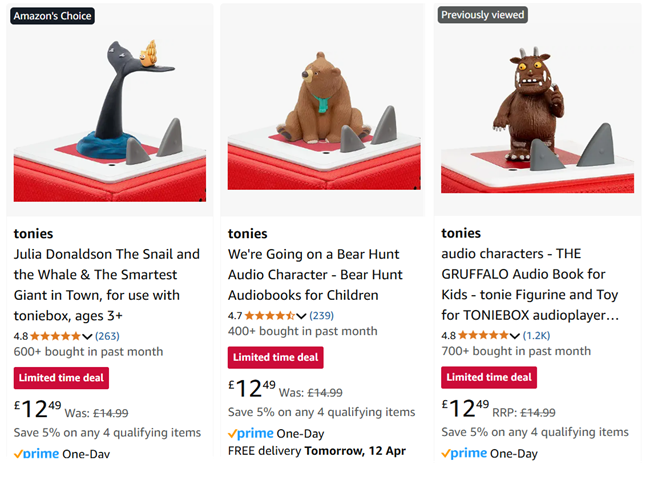 Screenshot showing Tonies Characters for £12.49 at Amazon