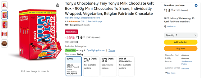 Screenshot showing Tony's Chocolonely Tiny Tony's Milk Chocolate Gift Box 900g for £13.35 at Amazon
