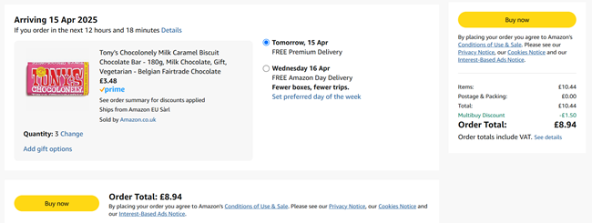Screenshot showing Tony's Chocolonely 180g Bars Buy 3 Save £1.50 offer at Amazon